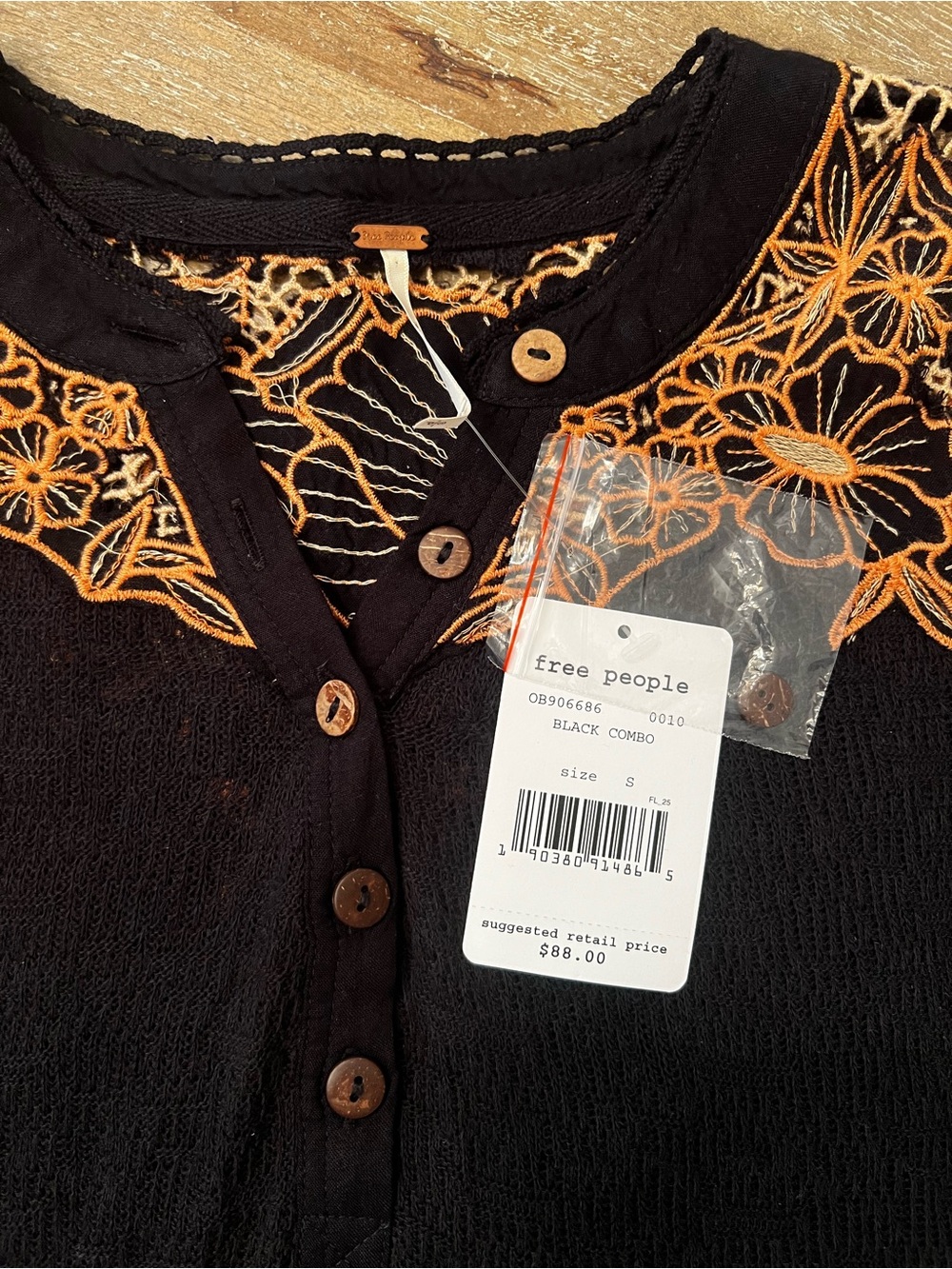 Free People Black Sweater Cardigan with Orange Floral Embroidery